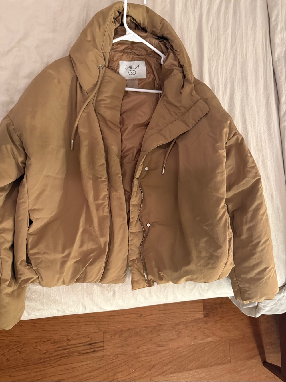CALLA Women's Tan Puffer Bomber Jacket - Hooded Winter Coat